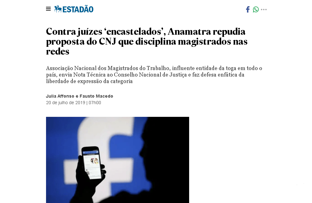 Estadão repercute nota da Anamatra sobre liberdade de expressão de juízes