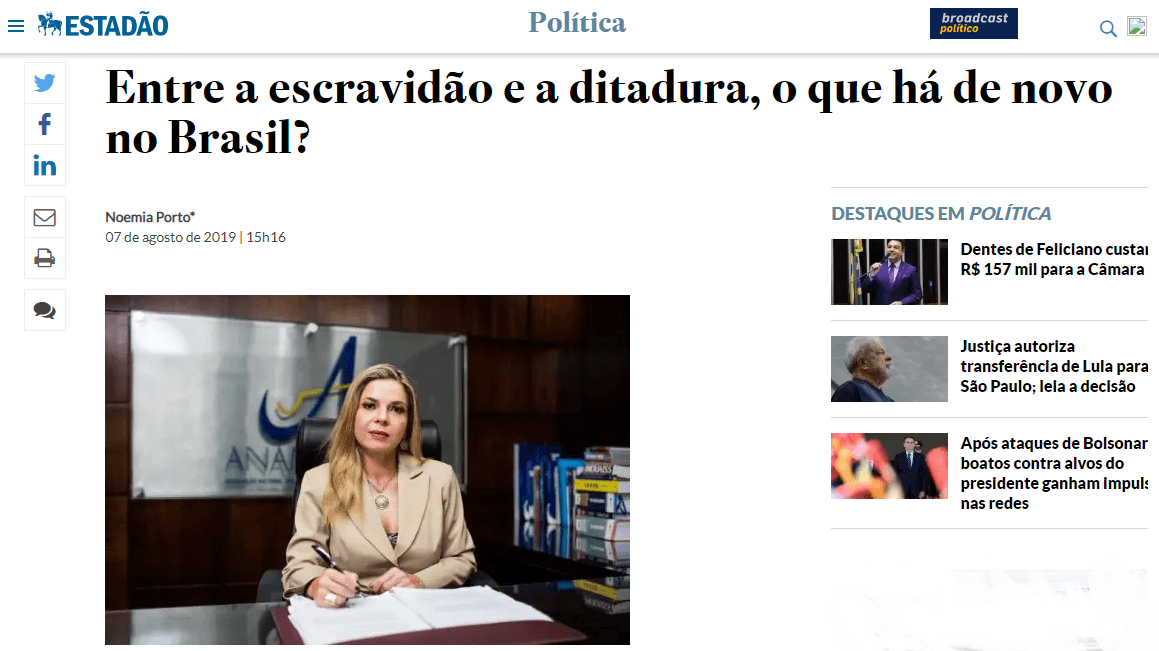 Artigo de Noemia Porto no Estadão: Entre a escravidão e a ditadura, o que há de novo no Brasil?