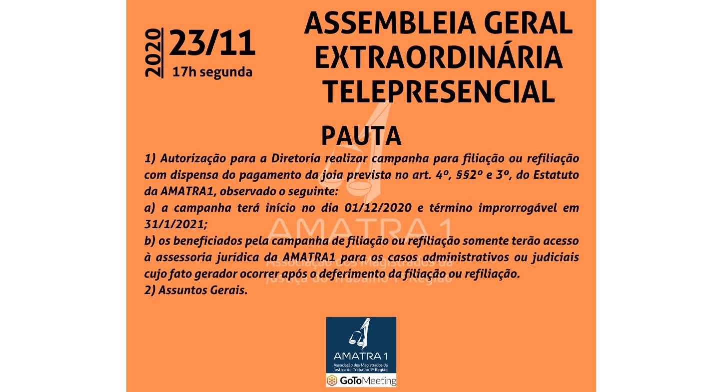 AMATRA1 convoca associados para Assembleia Geral Extraordinária virtual