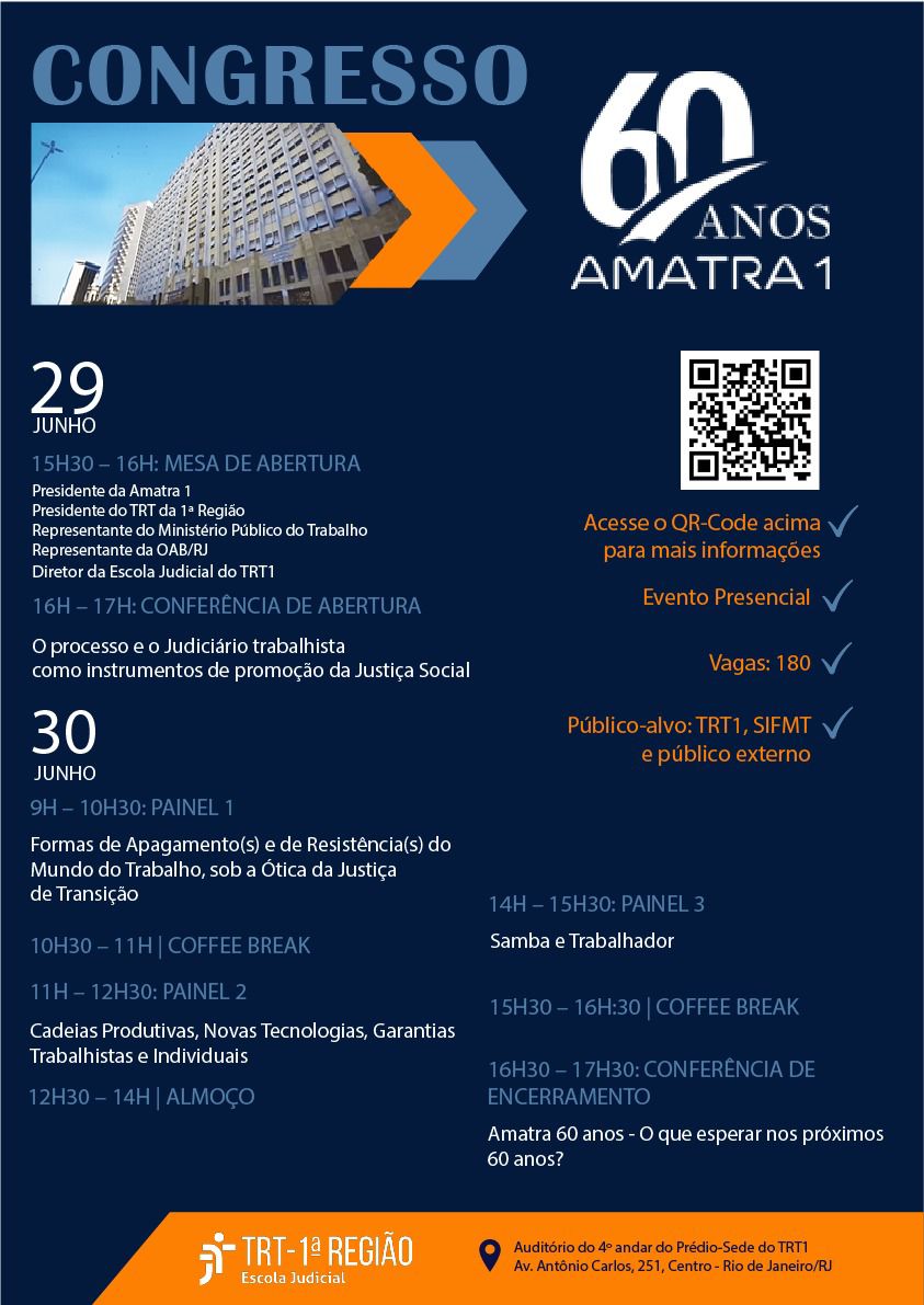 Congresso da AMATRA1, em 29 e 30 de junho, está com inscrições abertas